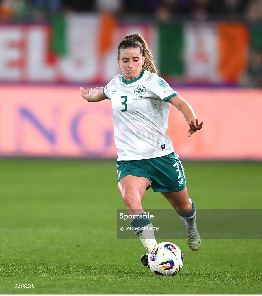 28 October 2025; Chloe Mustaki of Republic of Ireland during the UEFA Women's Nations League A/B promotion/relegation play-off second leg match between Belgium and Republic of Ireland at The King Power At Den Dreef Stadium in Leuven, Belgium. Photo by Stephen McCarthy/Sportsfile