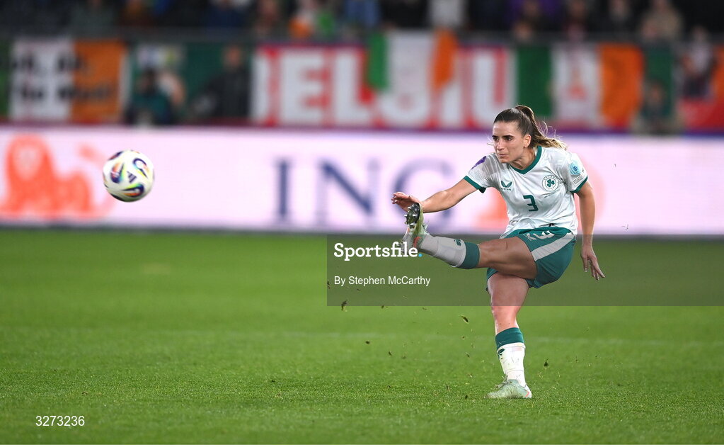 28 October 2025; Chloe Mustaki of Republic of Ireland during the UEFA Women's Nations League A/B promotion/relegation play-off second leg match between Belgium and Republic of Ireland at The King Power At Den Dreef Stadium in Leuven, Belgium. Photo by Stephen McCarthy/Sportsfile