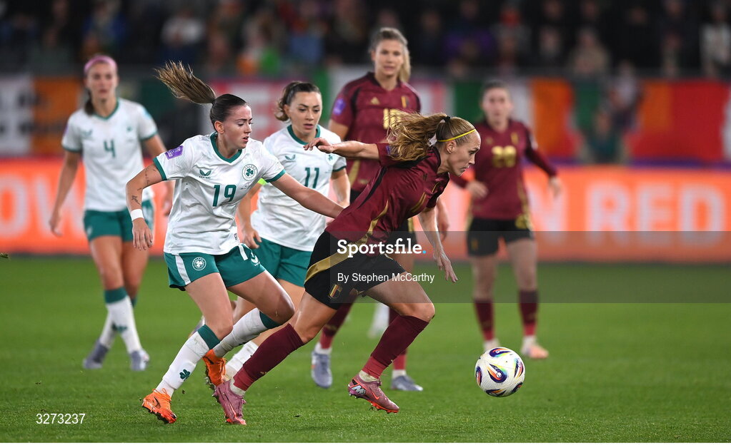 28 October 2025; Janice Cayman of Belgium in action against Abbie Larkin of Republic of Ireland during the UEFA Women's Nations League A/B promotion/relegation play-off second leg match between Belgium and Republic of Ireland at The King Power At Den Dreef Stadium in Leuven, Belgium. Photo by Stephen McCarthy/Sportsfile