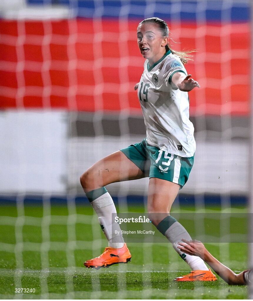 28 October 2025; Abbie Larkin of Republic of Ireland celebrates after scoring her side's first goal during the UEFA Women's Nations League A/B promotion/relegation play-off second leg match between Belgium and Republic of Ireland at The King Power At Den Dreef Stadium in Leuven, Belgium. Photo by Stephen McCarthy/Sportsfile