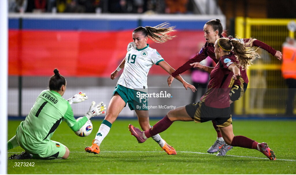 28 October 2025; Abbie Larkin of Republic of Ireland scores her side's first goal during the UEFA Women's Nations League A/B promotion/relegation play-off second leg match between Belgium and Republic of Ireland at The King Power At Den Dreef Stadium in Leuven, Belgium. Photo by Stephen McCarthy/Sportsfile