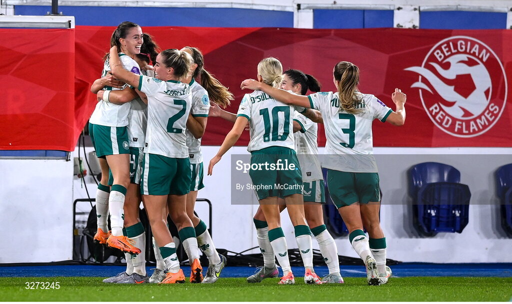 28 October 2025; Abbie Larkin of Republic of Ireland, left, celebrates with teammates after scoring her side's first goal during the UEFA Women's Nations League A/B promotion/relegation play-off second leg match between Belgium and Republic of Ireland at The King Power At Den Dreef Stadium in Leuven, Belgium. Photo by Stephen McCarthy/Sportsfile