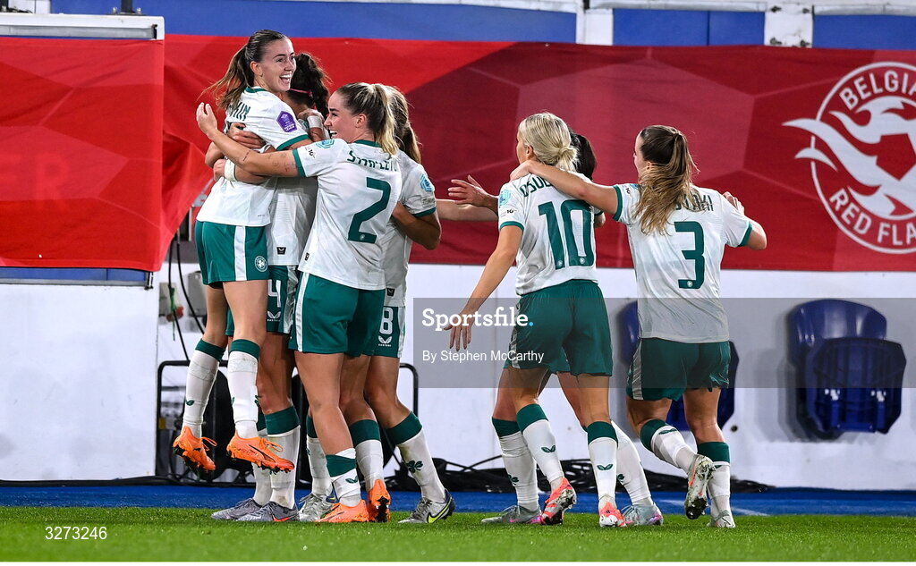 28 October 2025; Abbie Larkin of Republic of Ireland, left, celebrates with teammates after scoring her side's first goal during the UEFA Women's Nations League A/B promotion/relegation play-off second leg match between Belgium and Republic of Ireland at The King Power At Den Dreef Stadium in Leuven, Belgium. Photo by Stephen McCarthy/Sportsfile