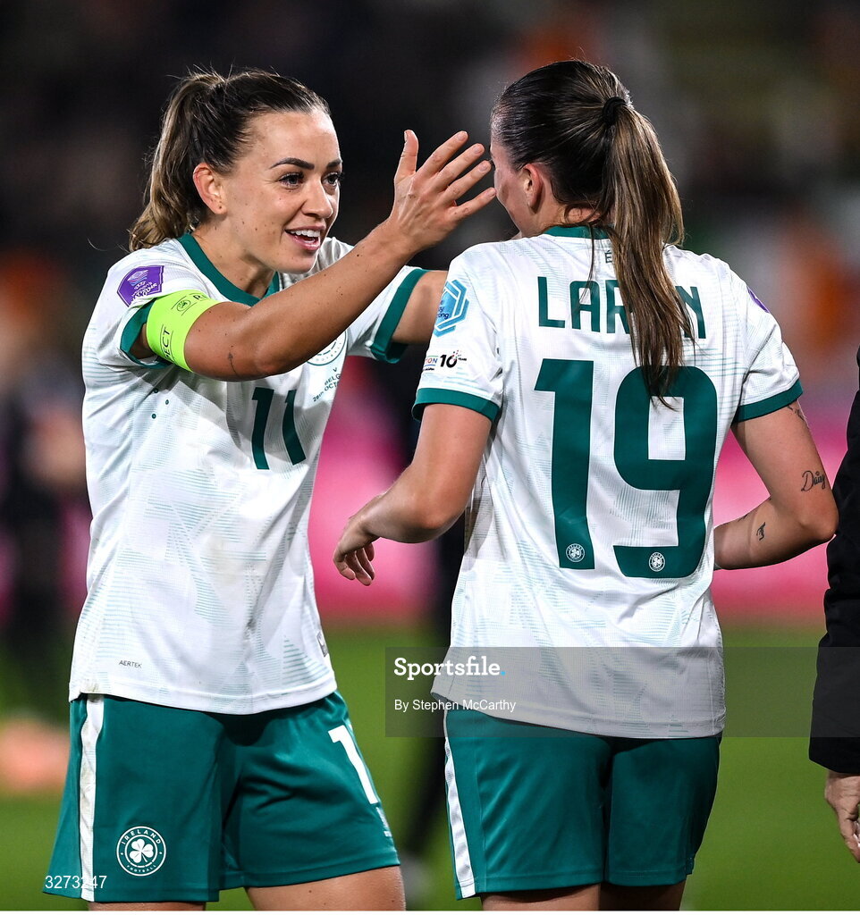 28 October 2025; Katie McCabe, left, and Abbie Larkin of Republic of Ireland celebrate after the UEFA Women's Nations League A/B promotion/relegation play-off second leg match between Belgium and Republic of Ireland at The King Power At Den Dreef Stadium in Leuven, Belgium. Photo by Stephen McCarthy/Sportsfile