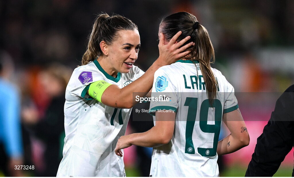 28 October 2025; Katie McCabe, left, and Abbie Larkin of Republic of Ireland celebrate after the UEFA Women's Nations League A/B promotion/relegation play-off second leg match between Belgium and Republic of Ireland at The King Power At Den Dreef Stadium in Leuven, Belgium. Photo by Stephen McCarthy/Sportsfile