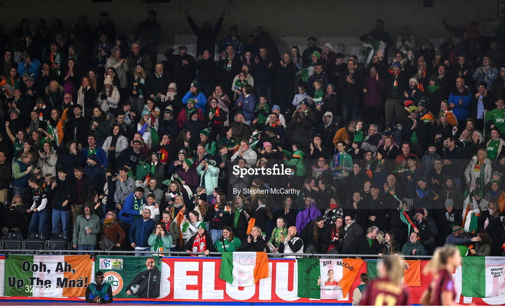 28 October 2025; Republic of Ireland supporters celebrate their first goal, scored by Abbie Larkin, during the UEFA Women's Nations League A/B promotion/relegation play-off second leg match between Belgium and Republic of Ireland at The King Power At Den Dreef Stadium in Leuven, Belgium. Photo by Stephen McCarthy/Sportsfile