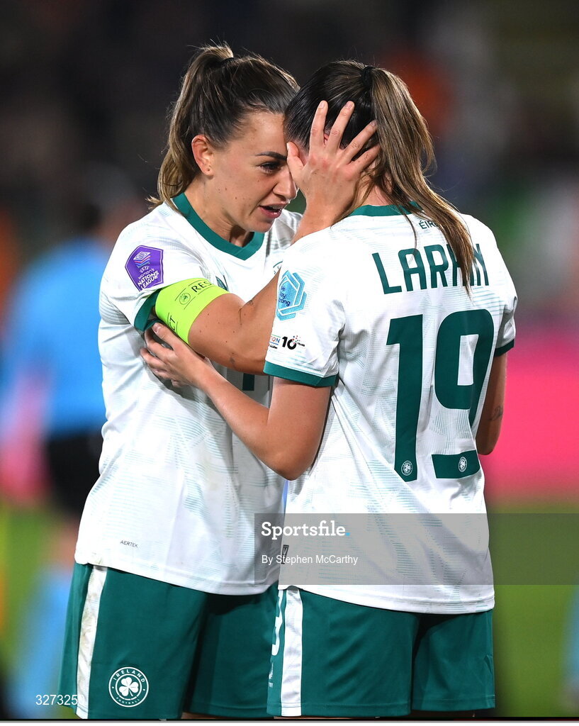 28 October 2025; Katie McCabe, left, and Abbie Larkin of Republic of Ireland celebrate after the UEFA Women's Nations League A/B promotion/relegation play-off second leg match between Belgium and Republic of Ireland at The King Power At Den Dreef Stadium in Leuven, Belgium. Photo by Stephen McCarthy/Sportsfile