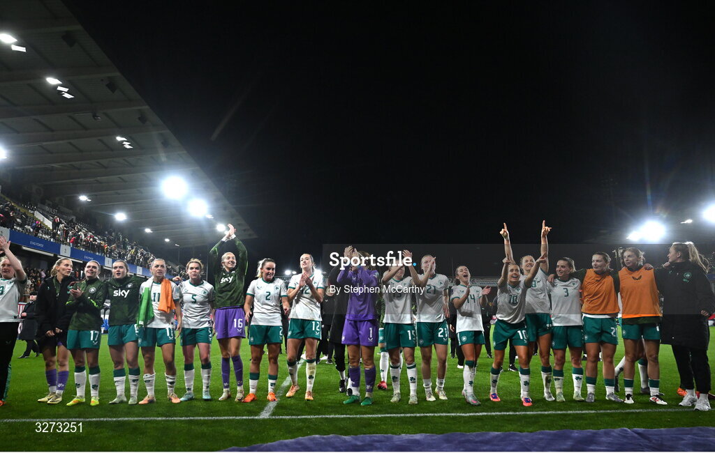28 October 2025; Republic of Ireland players celebrate after the UEFA Women's Nations League A/B promotion/relegation play-off second leg match between Belgium and Republic of Ireland at The King Power At Den Dreef Stadium in Leuven, Belgium. Photo by Stephen McCarthy/Sportsfile