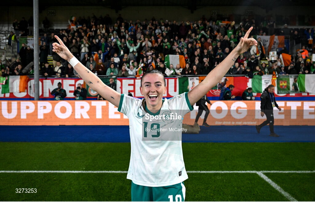 28 October 2025; Abbie Larkin of Republic of Ireland celebrates after the UEFA Women's Nations League A/B promotion/relegation play-off second leg match between Belgium and Republic of Ireland at The King Power At Den Dreef Stadium in Leuven, Belgium. Photo by Stephen McCarthy/Sportsfile