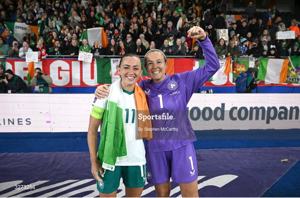 28 October 2025; Katie McCabe of Republic of Ireland, left, and Republic of Ireland goalkeeper Grace Moloney celebrate after the UEFA Women's Nations League A/B promotion/relegation play-off second leg match between Belgium and Republic of Ireland at The King Power At Den Dreef Stadium in Leuven, Belgium. Photo by Stephen McCarthy/Sportsfile