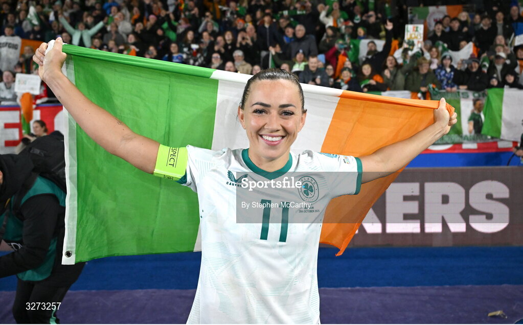 28 October 2025; Katie McCabe of Republic of Ireland celebrates after the UEFA Women's Nations League A/B promotion/relegation play-off second leg match between Belgium and Republic of Ireland at The King Power At Den Dreef Stadium in Leuven, Belgium. Photo by Stephen McCarthy/Sportsfile