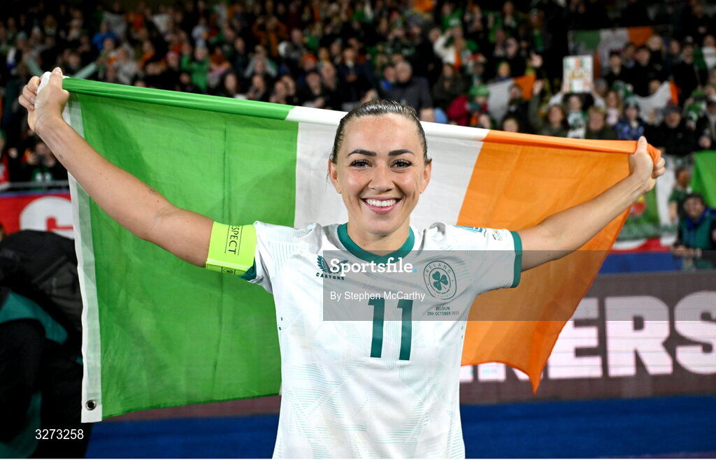 28 October 2025; Katie McCabe of Republic of Ireland celebrates after the UEFA Women's Nations League A/B promotion/relegation play-off second leg match between Belgium and Republic of Ireland at The King Power At Den Dreef Stadium in Leuven, Belgium. Photo by Stephen McCarthy/Sportsfile