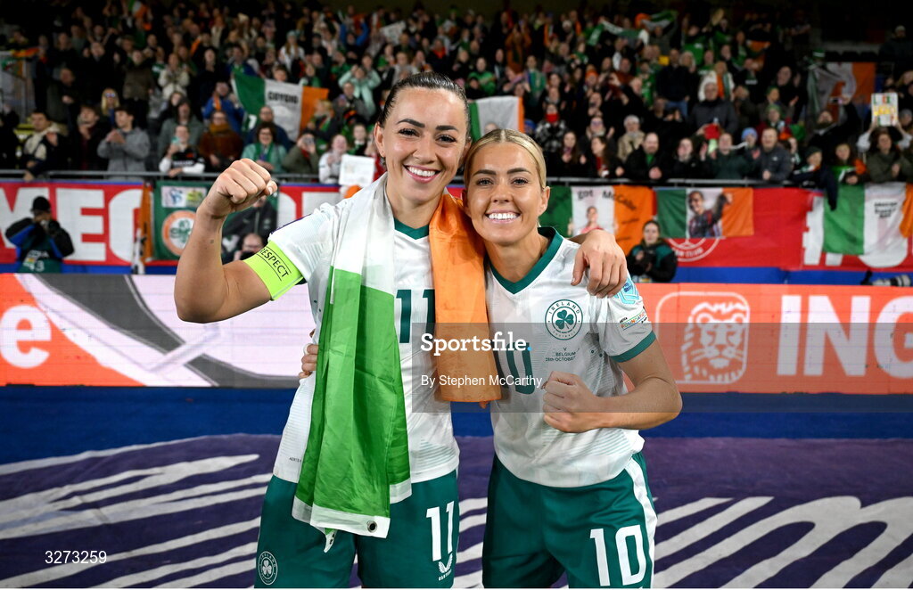 28 October 2025; Katie McCabe, left, and Denise O’Sullivan of Republic of Ireland celebrate after the UEFA Women's Nations League A/B promotion/relegation play-off second leg match between Belgium and Republic of Ireland at The King Power At Den Dreef Stadium in Leuven, Belgium. Photo by Stephen McCarthy/Sportsfile