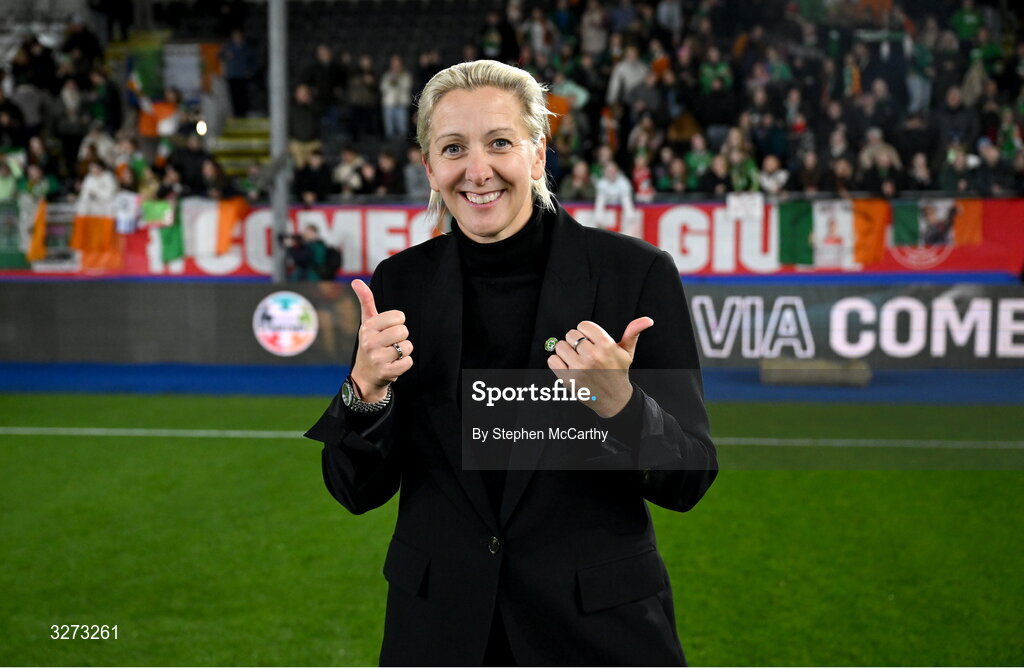 28 October 2025; Republic of Ireland head coach Carla Ward celebrates after the UEFA Women's Nations League A/B promotion/relegation play-off second leg match between Belgium and Republic of Ireland at The King Power At Den Dreef Stadium in Leuven, Belgium. Photo by Stephen McCarthy/Sportsfile