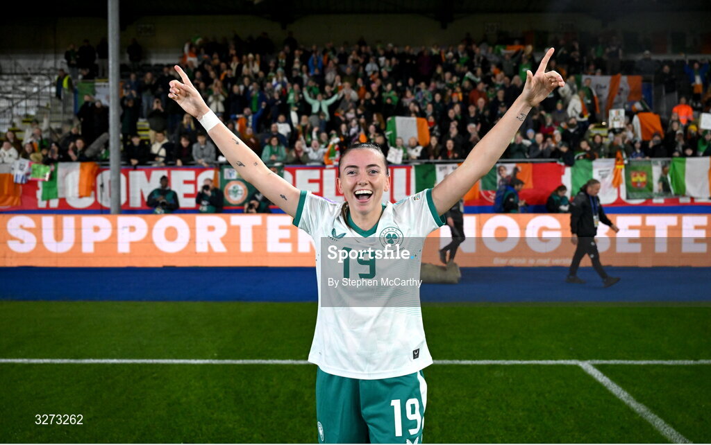 28 October 2025; Abbie Larkin of Republic of Ireland celebrates after the UEFA Women's Nations League A/B promotion/relegation play-off second leg match between Belgium and Republic of Ireland at The King Power At Den Dreef Stadium in Leuven, Belgium. Photo by Stephen McCarthy/Sportsfile