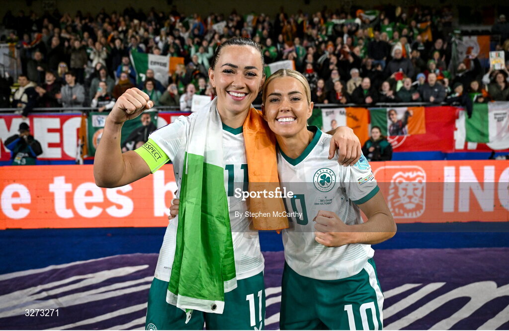 28 October 2025; Katie McCabe, left, and Denise O’Sullivan of Republic of Ireland celebrate after the UEFA Women's Nations League A/B promotion/relegation play-off second leg match between Belgium and Republic of Ireland at The King Power At Den Dreef Stadium in Leuven, Belgium. Photo by Stephen McCarthy/Sportsfile
