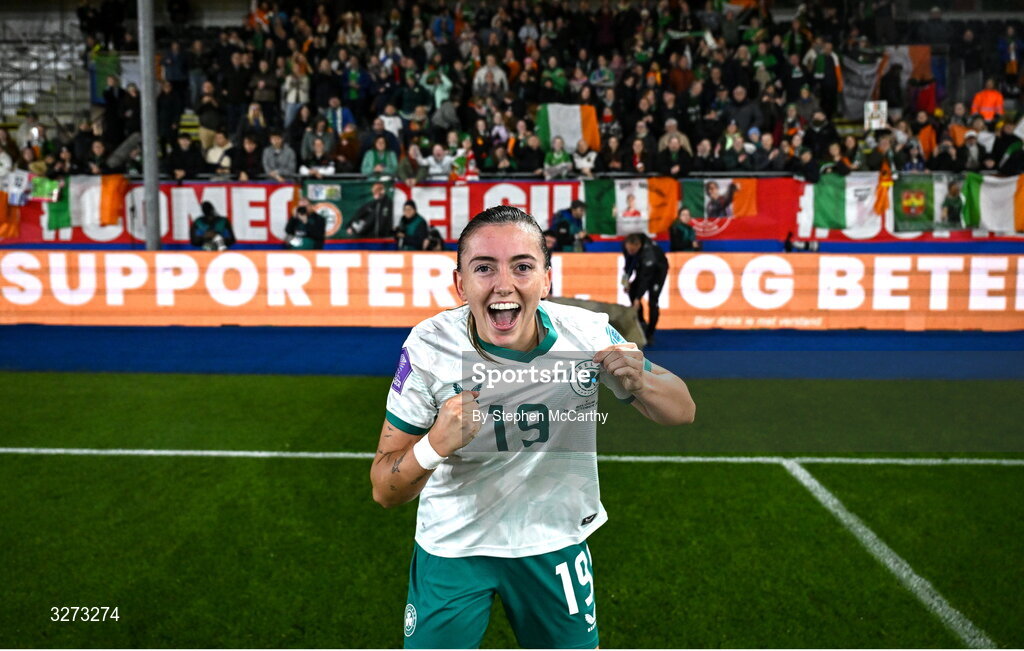 28 October 2025; Abbie Larkin of Republic of Ireland celebrates after the UEFA Women's Nations League A/B promotion/relegation play-off second leg match between Belgium and Republic of Ireland at The King Power At Den Dreef Stadium in Leuven, Belgium. Photo by Stephen McCarthy/Sportsfile