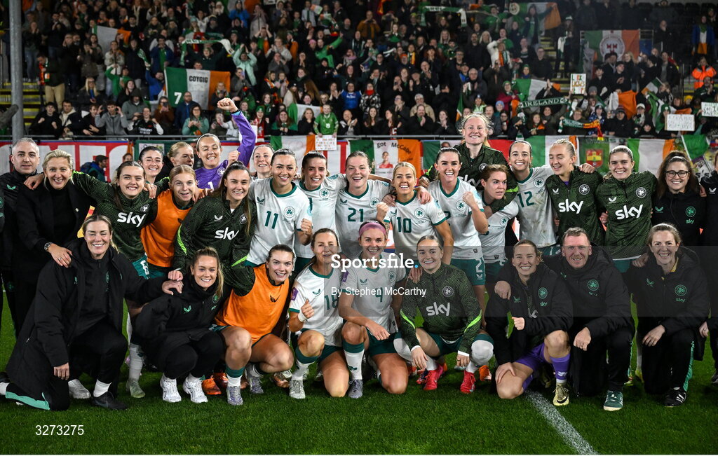 28 October 2025; Republic of Ireland players and staff celebrate after the UEFA Women's Nations League A/B promotion/relegation play-off second leg match between Belgium and Republic of Ireland at The King Power At Den Dreef Stadium in Leuven, Belgium. Photo by Stephen McCarthy/Sportsfile