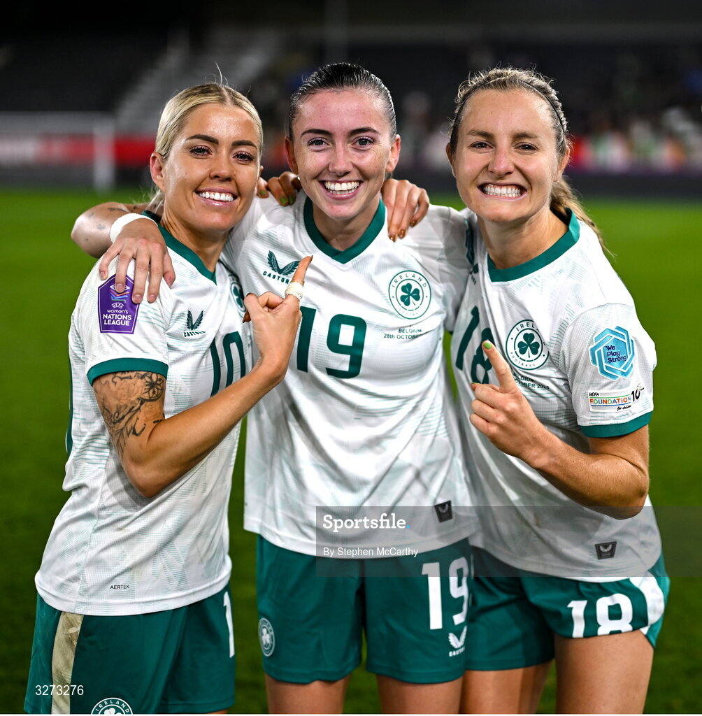 28 October 2025; Republic of Ireland players, from left, Denise O’Sullivan, Abbie Larkin and Kyra Carusa after the UEFA Women's Nations League A/B promotion/relegation play-off second leg match between Belgium and Republic of Ireland at The King Power At Den Dreef Stadium in Leuven, Belgium. Photo by Stephen McCarthy/Sportsfile
