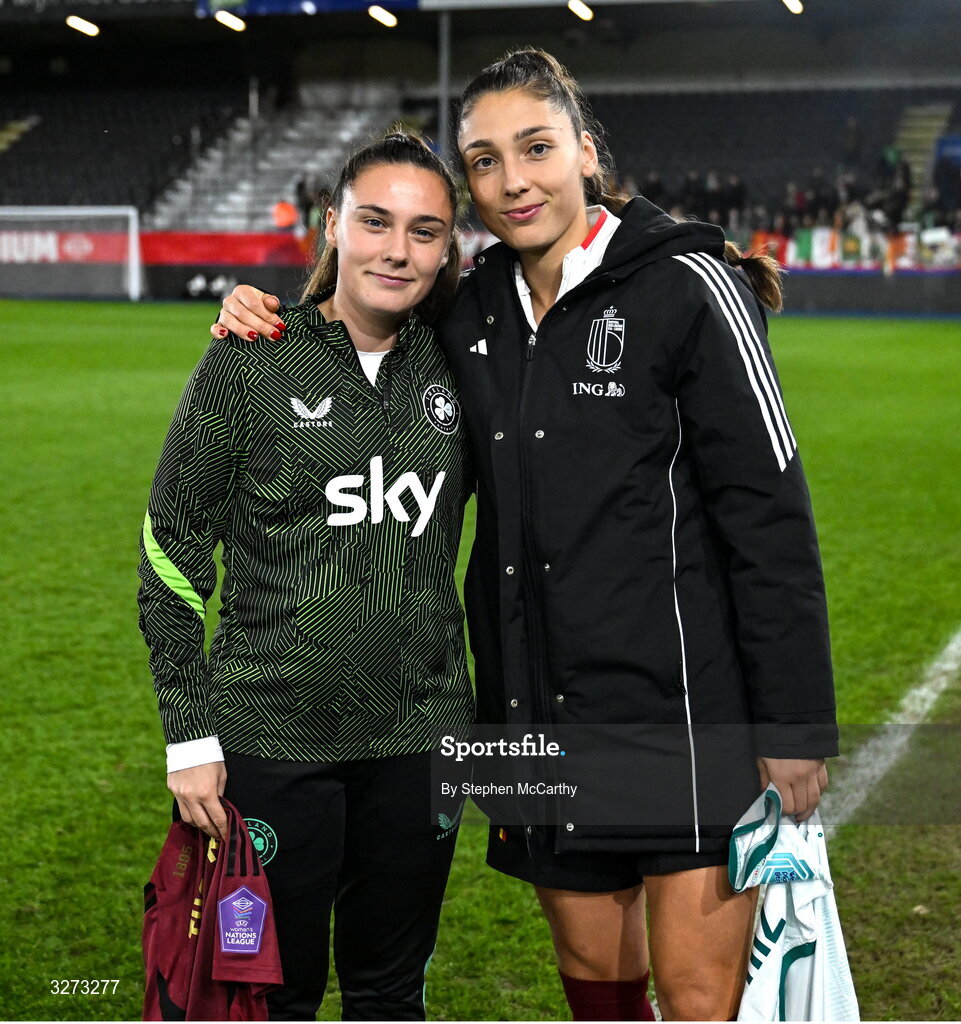 28 October 2025; Jess Ziu of Republic of Ireland, left, and Amber Tysiak of Belgium swap jerseys after the UEFA Women's Nations League A/B promotion/relegation play-off second leg match between Belgium and Republic of Ireland at The King Power At Den Dreef Stadium in Leuven, Belgium. Photo by Stephen McCarthy/Sportsfile