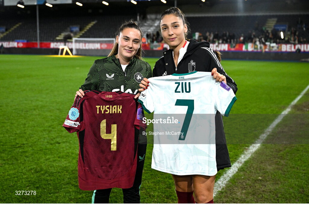 28 October 2025; Jess Ziu of Republic of Ireland, left, and Amber Tysiak of Belgium swap jerseys after the UEFA Women's Nations League A/B promotion/relegation play-off second leg match between Belgium and Republic of Ireland at The King Power At Den Dreef Stadium in Leuven, Belgium. Photo by Stephen McCarthy/Sportsfile