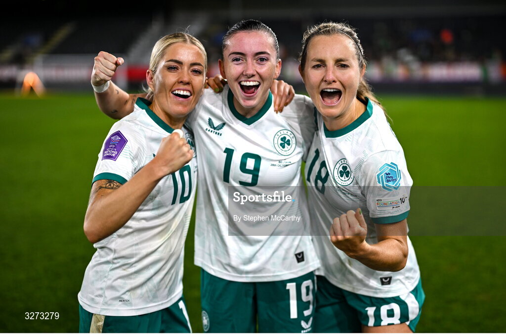 28 October 2025; Republic of Ireland players, from left, Denise O’Sullivan, Abbie Larkin and Kyra Carusa after the UEFA Women's Nations League A/B promotion/relegation play-off second leg match between Belgium and Republic of Ireland at The King Power At Den Dreef Stadium in Leuven, Belgium. Photo by Stephen McCarthy/Sportsfile
