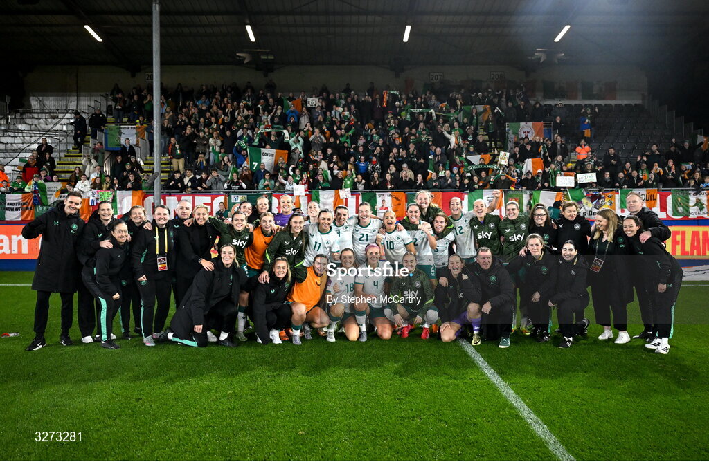 28 October 2025; Republic of Ireland players and staff celebrate after the UEFA Women's Nations League A/B promotion/relegation play-off second leg match between Belgium and Republic of Ireland at The King Power At Den Dreef Stadium in Leuven, Belgium. Photo by Stephen McCarthy/Sportsfile