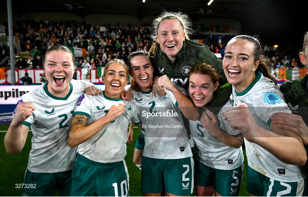 28 October 2025; Republic of Ireland players, from left, Emily Murphy, Denise O’Sullivan, Jessie Stapleton, Amber Barrett, Aoife Mannion and Anna Patten after the UEFA Women's Nations League A/B promotion/relegation play-off second leg match between Belgium and Republic of Ireland at The King Power At Den Dreef Stadium in Leuven, Belgium. Photo by Stephen McCarthy/Sportsfile