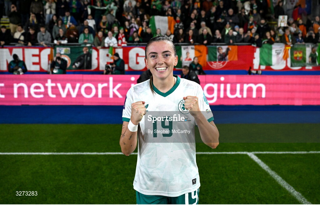 28 October 2025; Abbie Larkin of Republic of Ireland after the UEFA Women's Nations League A/B promotion/relegation play-off second leg match between Belgium and Republic of Ireland at The King Power At Den Dreef Stadium in Leuven, Belgium. Photo by Stephen McCarthy/Sportsfile