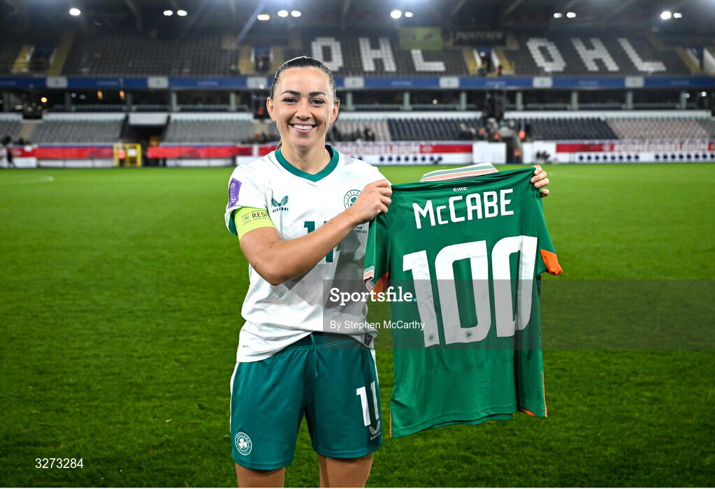 28 October 2025; Katie McCabe of Republic of Ireland poses with a jersey signifying her 100th cap for the Republic of Ireland after the UEFA Women's Nations League A/B promotion/relegation play-off second leg match between Belgium and Republic of Ireland at The King Power At Den Dreef Stadium in Leuven, Belgium. Photo by Stephen McCarthy/Sportsfile