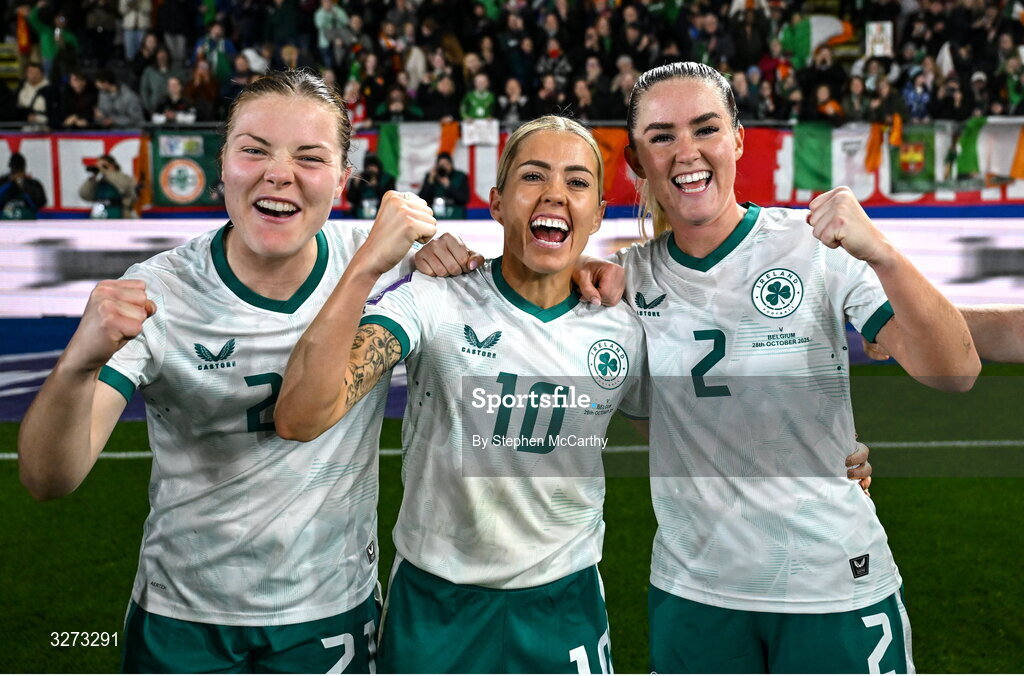 28 October 2025; Republic of Ireland players, from left, Emily Murphy, Denise O’Sullivan and Jessie Stapleton celebrate after the UEFA Women's Nations League A/B promotion/relegation play-off second leg match between Belgium and Republic of Ireland at The King Power At Den Dreef Stadium in Leuven, Belgium. Photo by Stephen McCarthy/Sportsfile