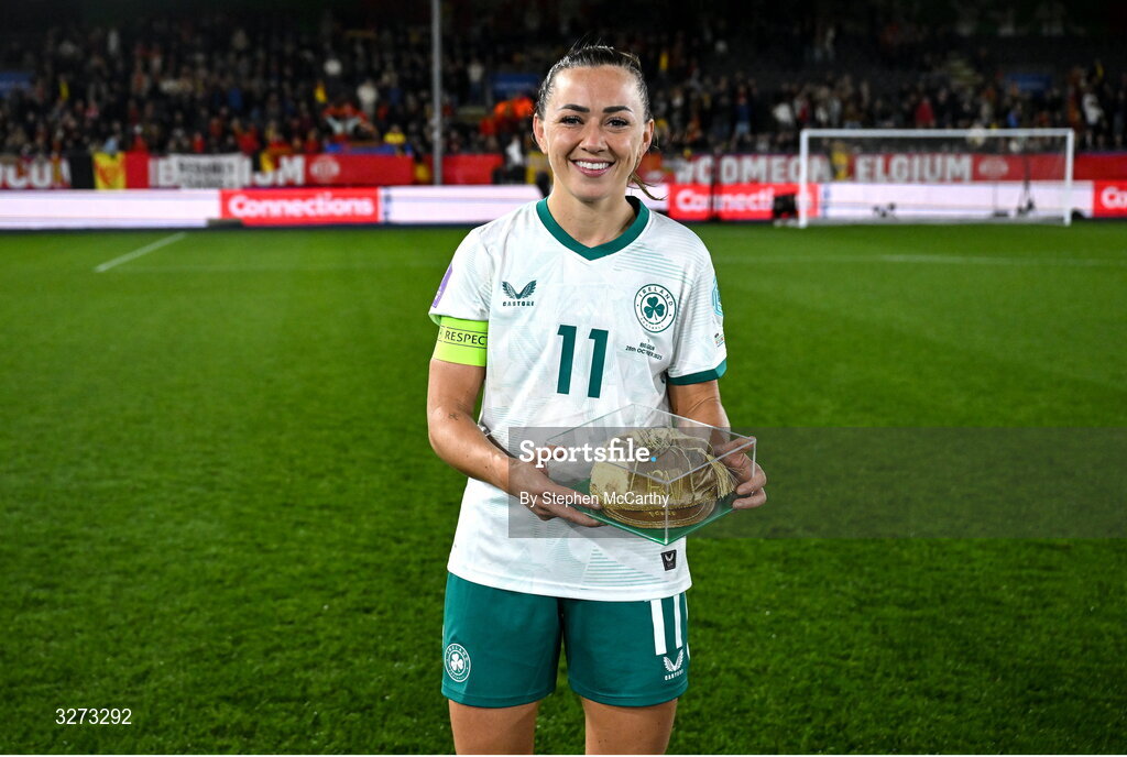 28 October 2025; Katie McCabe of Republic of Ireland holds her 100th cap after the UEFA Women's Nations League A/B promotion/relegation play-off second leg match between Belgium and Republic of Ireland at The King Power At Den Dreef Stadium in Leuven, Belgium. Photo by Stephen McCarthy/Sportsfile