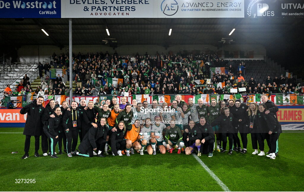 28 October 2025; Republic of Ireland players and staff celebrate after the UEFA Women's Nations League A/B promotion/relegation play-off second leg match between Belgium and Republic of Ireland at The King Power At Den Dreef Stadium in Leuven, Belgium. Photo by Stephen McCarthy/Sportsfile