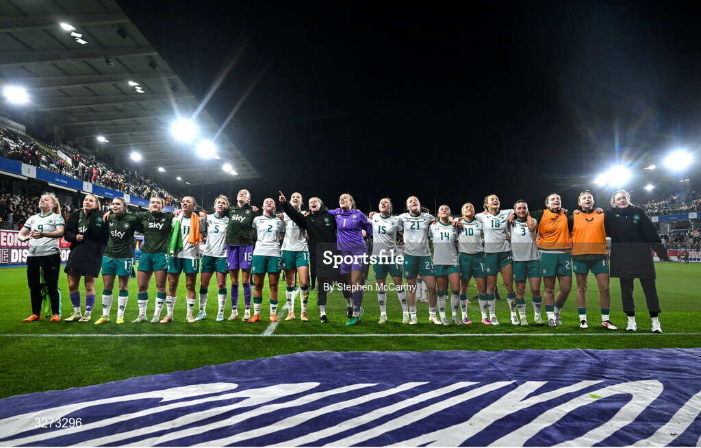 28 October 2025; Republic of Ireland players celebrate after the UEFA Women's Nations League A/B promotion/relegation play-off second leg match between Belgium and Republic of Ireland at The King Power At Den Dreef Stadium in Leuven, Belgium. Photo by Stephen McCarthy/Sportsfile