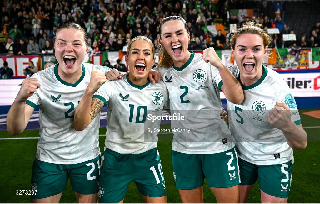 28 October 2025; Republic of Ireland players, from left, Emily Murphy, Denise O’Sullivan, Jessie Stapleton and Aoife Mannion celebrate after the UEFA Women's Nations League A/B promotion/relegation play-off second leg match between Belgium and Republic of Ireland at The King Power At Den Dreef Stadium in Leuven, Belgium. Photo by Stephen McCarthy/Sportsfile
