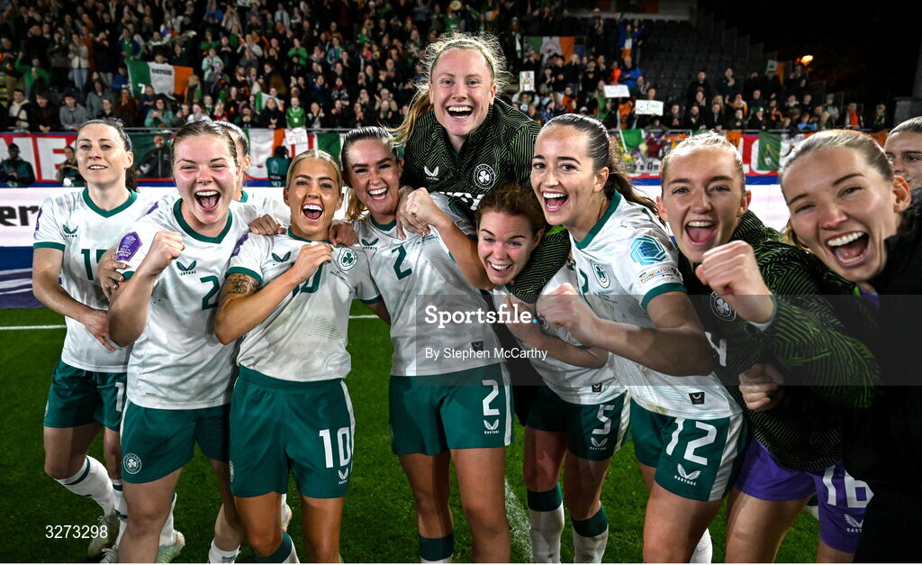 28 October 2025; Republic of Ireland players, from left, Lucy Quinn, Emily Murphy, Denise O’Sullivan, Jessie Stapleton, Amber Barrett, Aoife Mannion, Anna Patten, Katie Keane and Sophie Whitehouse celebrate after the UEFA Women's Nations League A/B promotion/relegation play-off second leg match between Belgium and Republic of Ireland at The King Power At Den Dreef Stadium in Leuven, Belgium. Photo by Stephen McCarthy/Sportsfile