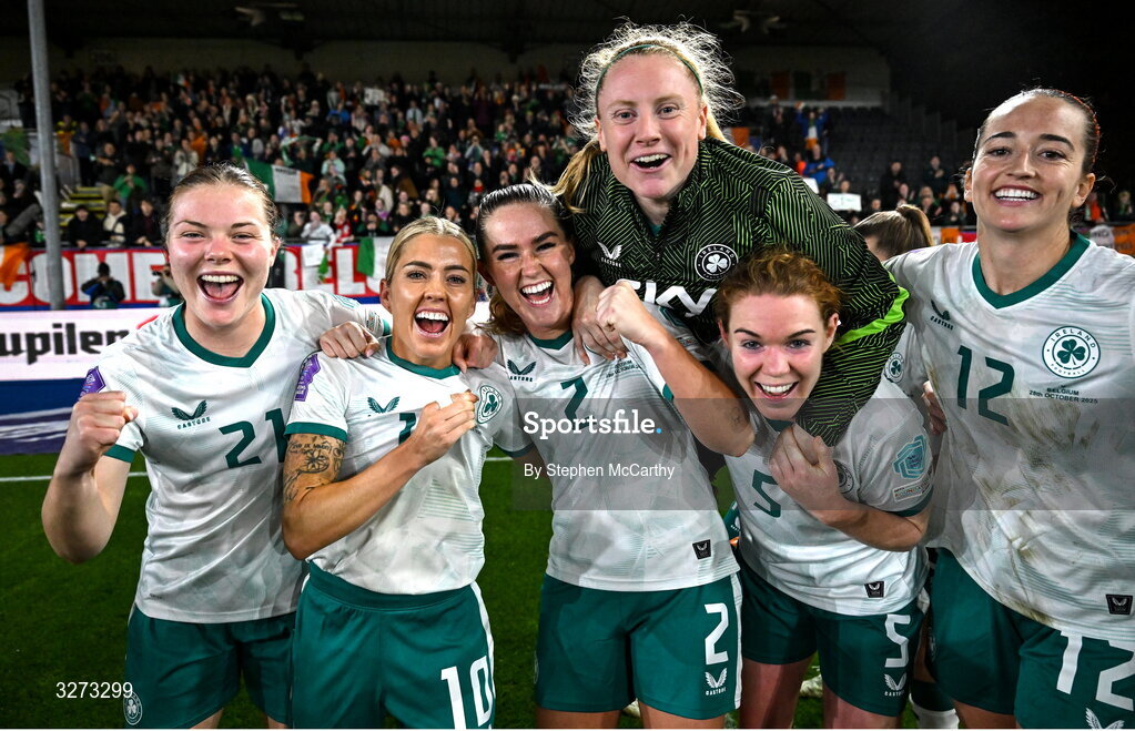 28 October 2025; Republic of Ireland players, from left, Emily Murphy, Denise O’Sullivan, Jessie Stapleton, Amber Barrett, Aoife Mannion and Anna Patten celebrate after the UEFA Women's Nations League A/B promotion/relegation play-off second leg match between Belgium and Republic of Ireland at The King Power At Den Dreef Stadium in Leuven, Belgium. Photo by Stephen McCarthy/Sportsfile