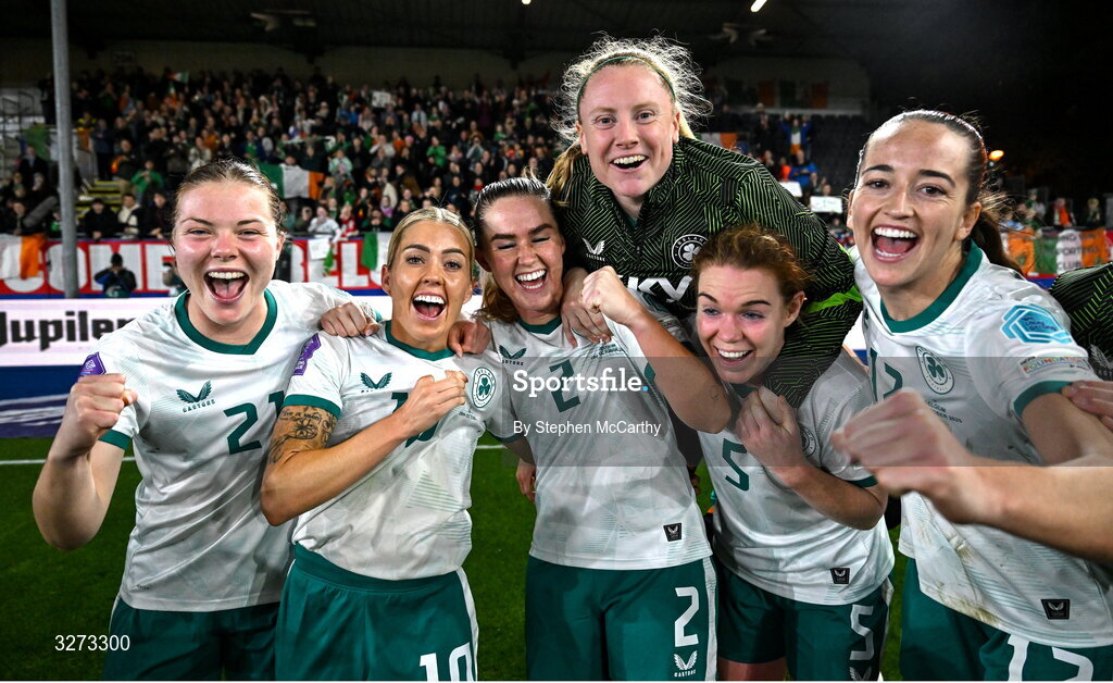 28 October 2025; Republic of Ireland players, from left, Emily Murphy, Denise O’Sullivan, Jessie Stapleton, Amber Barrett, Aoife Mannion and Anna Patten celebrate after the UEFA Women's Nations League A/B promotion/relegation play-off second leg match between Belgium and Republic of Ireland at The King Power At Den Dreef Stadium in Leuven, Belgium. Photo by Stephen McCarthy/Sportsfile