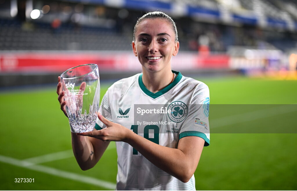 28 October 2025; Abbie Larkin of Republic of Ireland with the Sky Player of the Match award after the UEFA Women's Nations League A/B promotion/relegation play-off second leg match between Belgium and Republic of Ireland at The King Power At Den Dreef Stadium in Leuven, Belgium. Photo by Stephen McCarthy/Sportsfile