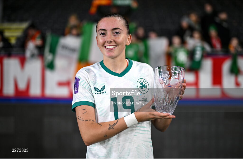 28 October 2025; Abbie Larkin of Republic of Ireland with the Sky Player of the Match award after the UEFA Women's Nations League A/B promotion/relegation play-off second leg match between Belgium and Republic of Ireland at The King Power At Den Dreef Stadium in Leuven, Belgium. Photo by Stephen McCarthy/Sportsfile