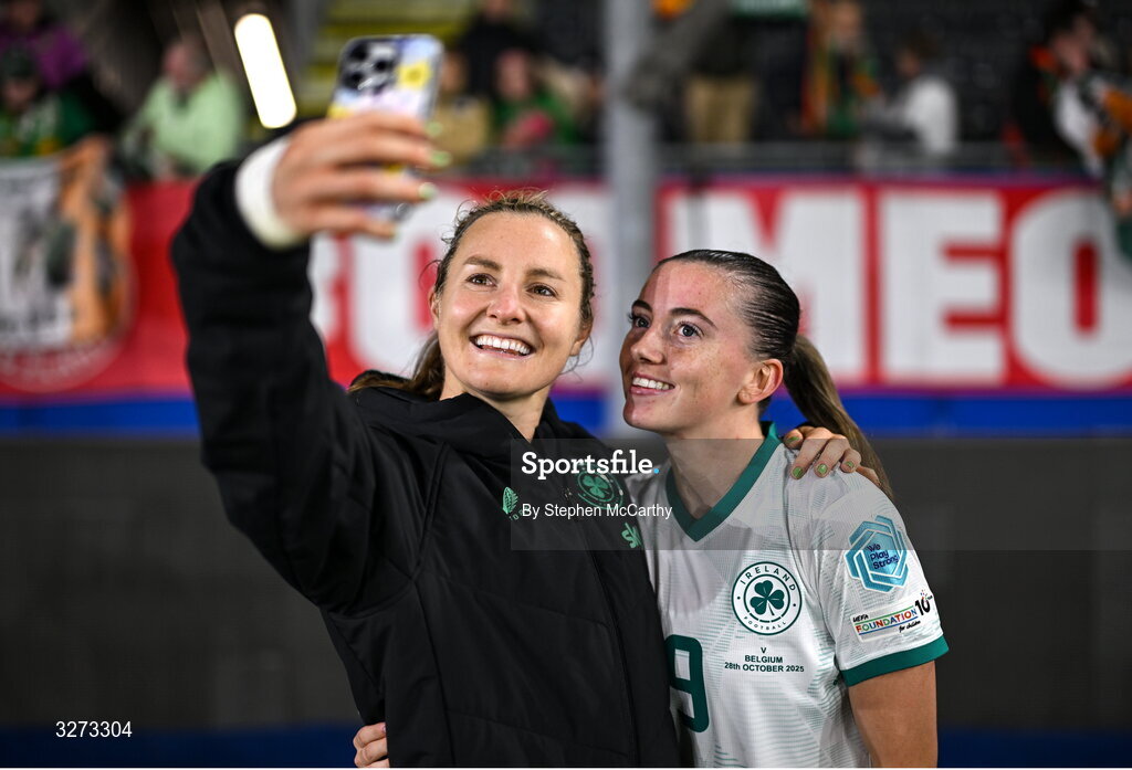 28 October 2025; Kyra Carusa, left, and Abbie Larkin of Republic of Ireland after the UEFA Women's Nations League A/B promotion/relegation play-off second leg match between Belgium and Republic of Ireland at The King Power At Den Dreef Stadium in Leuven, Belgium. Photo by Stephen McCarthy/Sportsfile