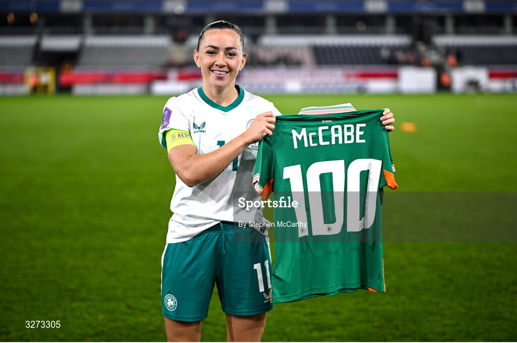 28 October 2025; Katie McCabe of Republic of Ireland poses with a jersey signifying her 100th cap for the Republic of Ireland after the UEFA Women's Nations League A/B promotion/relegation play-off second leg match between Belgium and Republic of Ireland at The King Power At Den Dreef Stadium in Leuven, Belgium. Photo by Stephen McCarthy/Sportsfile