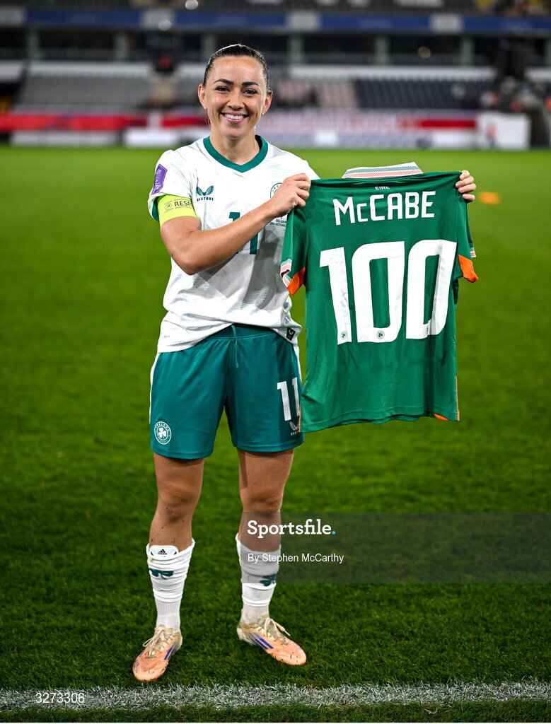 28 October 2025; Katie McCabe of Republic of Ireland poses with a jersey signifying her 100th cap for the Republic of Ireland after the UEFA Women's Nations League A/B promotion/relegation play-off second leg match between Belgium and Republic of Ireland at The King Power At Den Dreef Stadium in Leuven, Belgium. Photo by Stephen McCarthy/Sportsfile