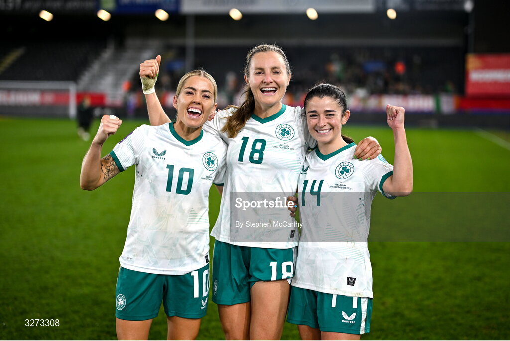 28 October 2025; Republic of Ireland players, from left, Denise O’Sullivan, Kyra Carusa and Marissa Sheva celebrate after the UEFA Women's Nations League A/B promotion/relegation play-off second leg match between Belgium and Republic of Ireland at The King Power At Den Dreef Stadium in Leuven, Belgium. Photo by Stephen McCarthy/Sportsfile