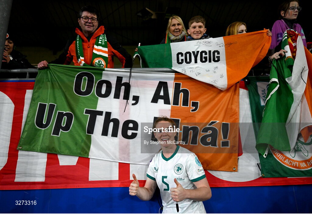 28 October 2025; Aoife Mannion of Republic of Ireland after the UEFA Women's Nations League A/B promotion/relegation play-off second leg match between Belgium and Republic of Ireland at The King Power At Den Dreef Stadium in Leuven, Belgium. Photo by Stephen McCarthy/Sportsfile