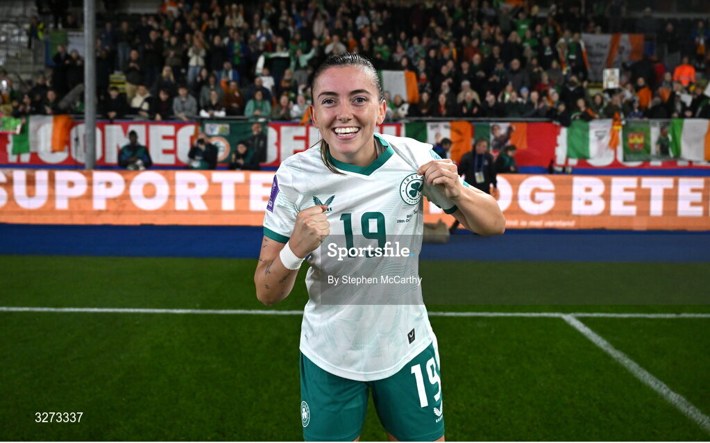 28 October 2025; Abbie Larkin of Republic of Ireland after the UEFA Women's Nations League A/B promotion/relegation play-off second leg match between Belgium and Republic of Ireland at The King Power At Den Dreef Stadium in Leuven, Belgium. Photo by Stephen McCarthy/Sportsfile