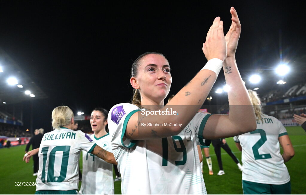 28 October 2025; Abbie Larkin of Republic of Ireland after the UEFA Women's Nations League A/B promotion/relegation play-off second leg match between Belgium and Republic of Ireland at The King Power At Den Dreef Stadium in Leuven, Belgium. Photo by Stephen McCarthy/Sportsfile