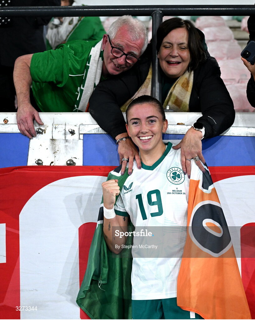 28 October 2025; Abbie Larkin of Republic of Ireland with parents Ethel and Robert after the UEFA Women's Nations League A/B promotion/relegation play-off second leg match between Belgium and Republic of Ireland at The King Power At Den Dreef Stadium in Leuven, Belgium. Photo by Stephen McCarthy/Sportsfile