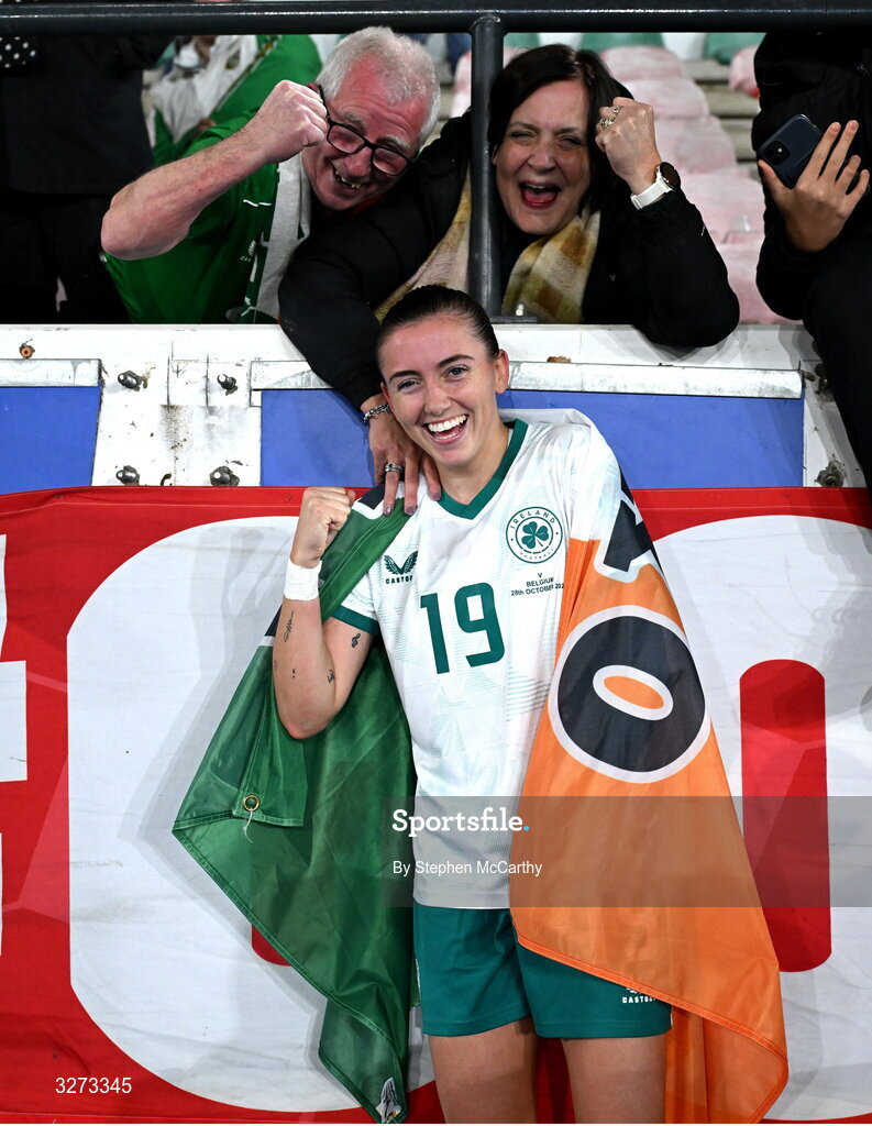 28 October 2025; Abbie Larkin of Republic of Ireland with parents Ethel and Robert after the UEFA Women's Nations League A/B promotion/relegation play-off second leg match between Belgium and Republic of Ireland at The King Power At Den Dreef Stadium in Leuven, Belgium. Photo by Stephen McCarthy/Sportsfile