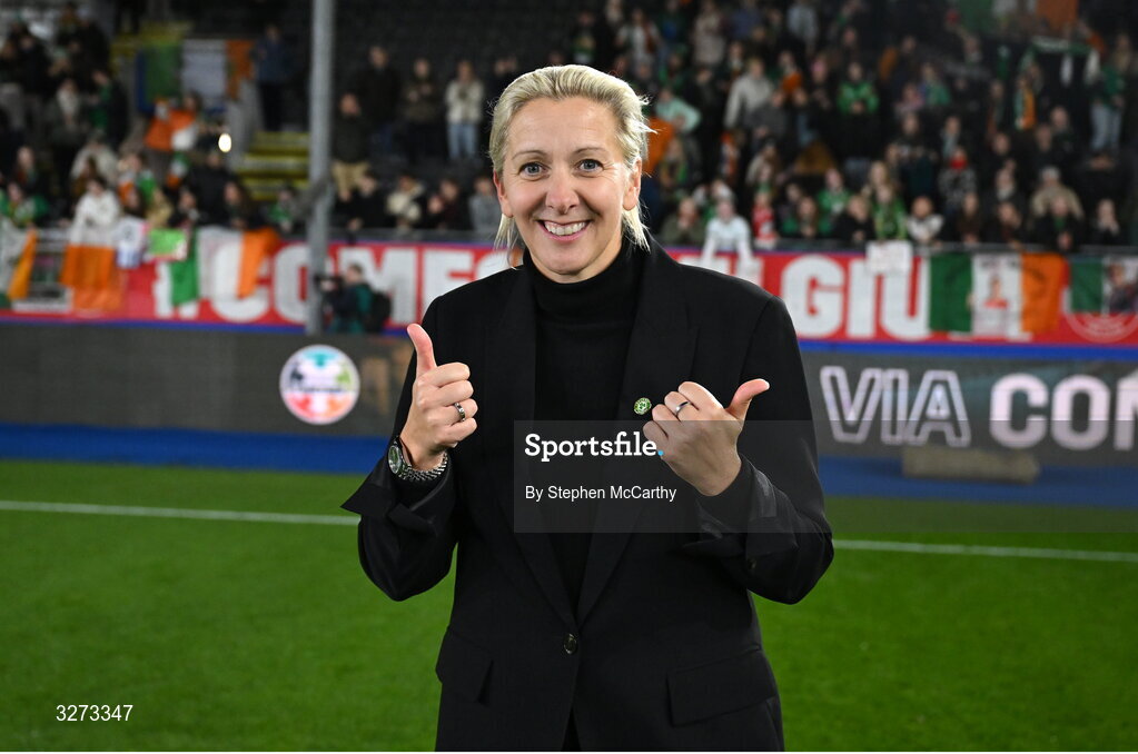 28 October 2025; Republic of Ireland head coach Carla Ward after the UEFA Women's Nations League A/B promotion/relegation play-off second leg match between Belgium and Republic of Ireland at The King Power At Den Dreef Stadium in Leuven, Belgium. Photo by Stephen McCarthy/Sportsfile